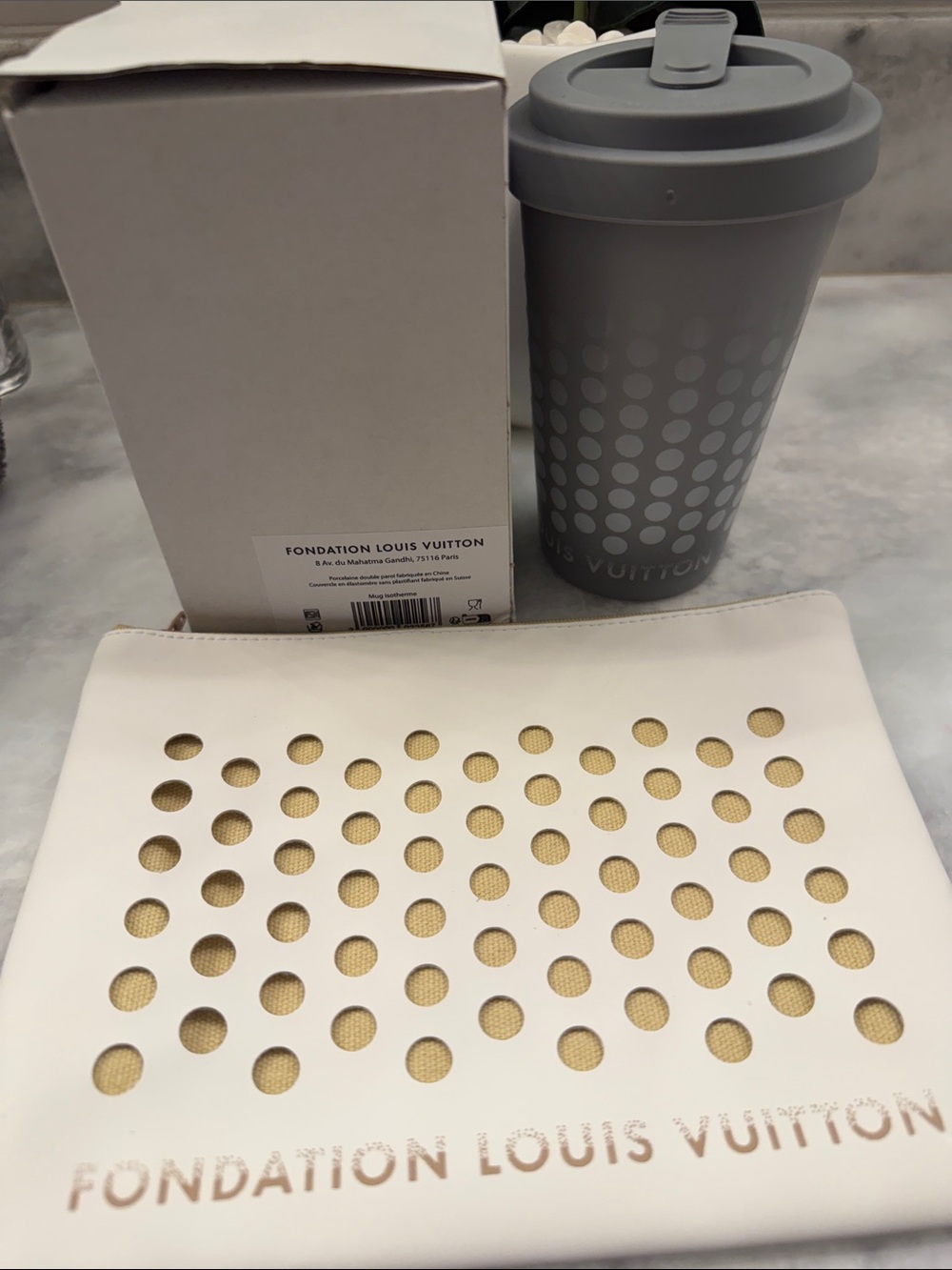 Louis Vuitton Foundation Gray Travel Tumbler with Cream Perforated Pouch
